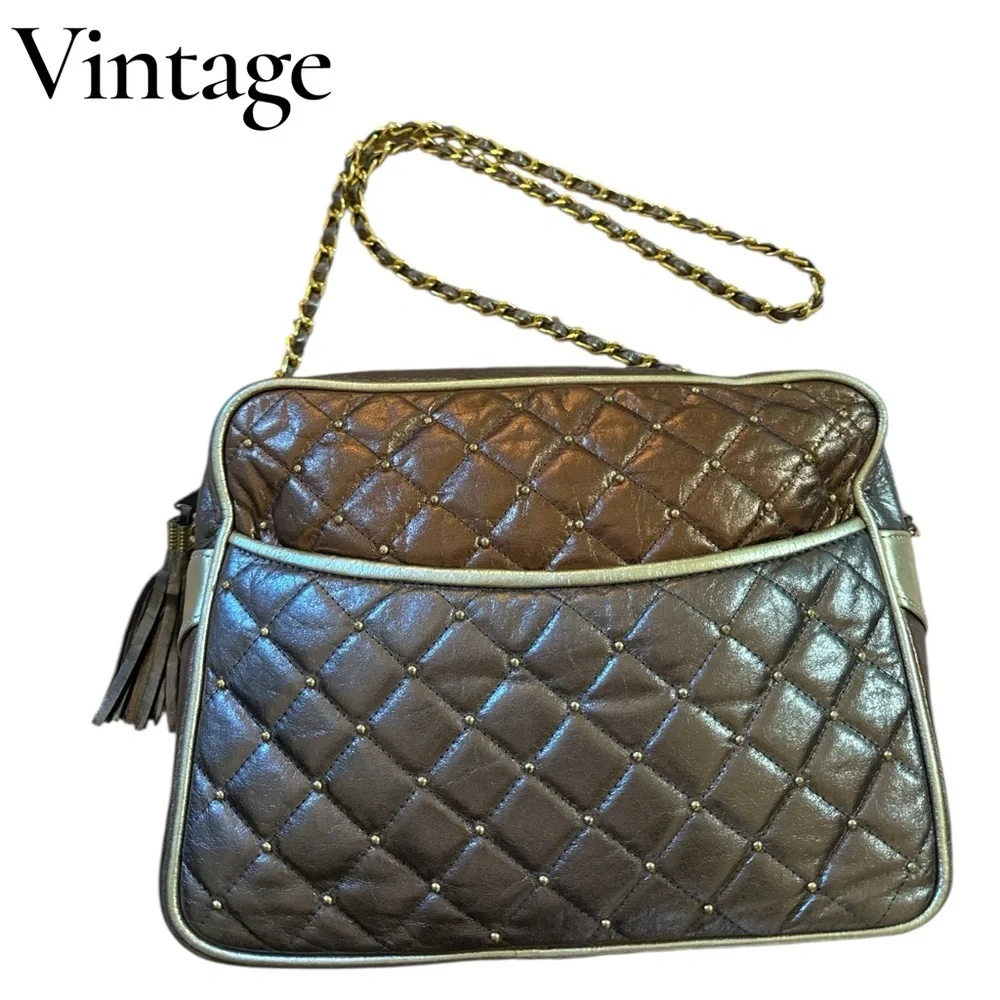 Vintage Quilted Bronze Gold Metallic Leather Chain Crossbody Tassel Shoulder Bag